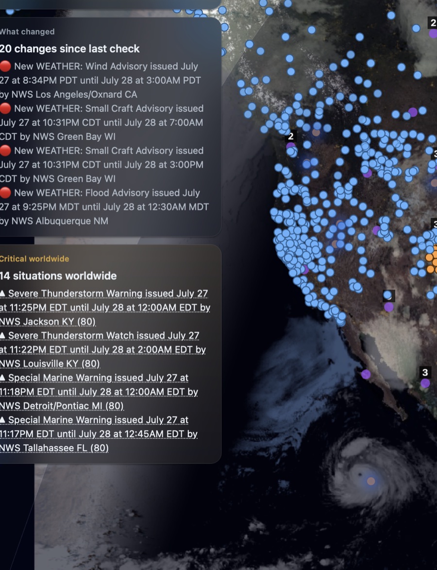 Crystal Ball's What changed and Critical worldwide panels beside live map signals