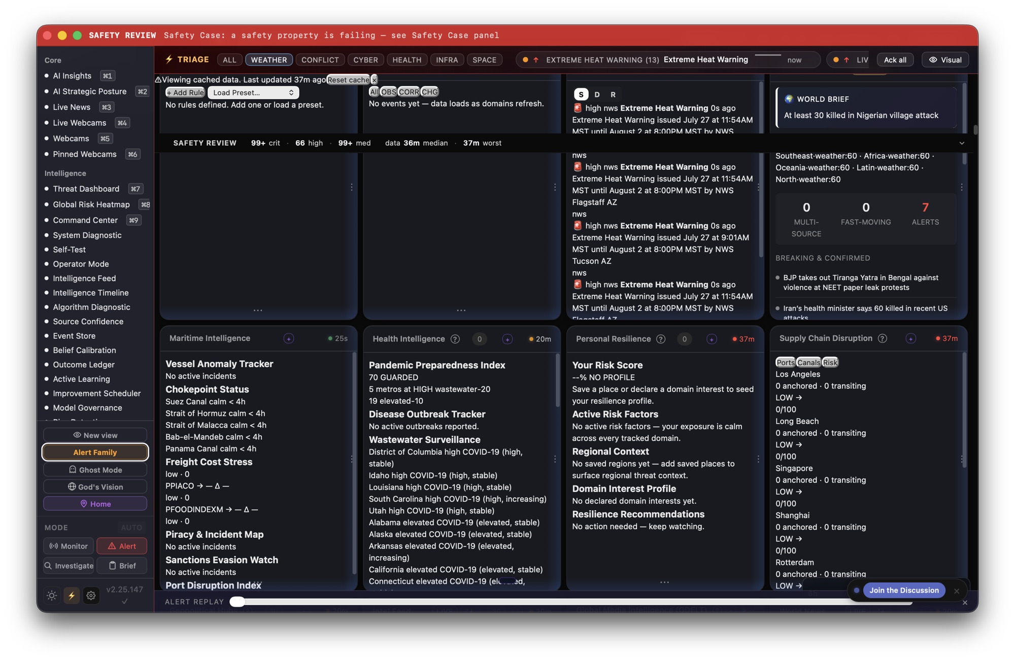 Crystal Ball intelligence workspace with maritime, health, personal resilience, supply-chain, world brief, and breaking news panels
