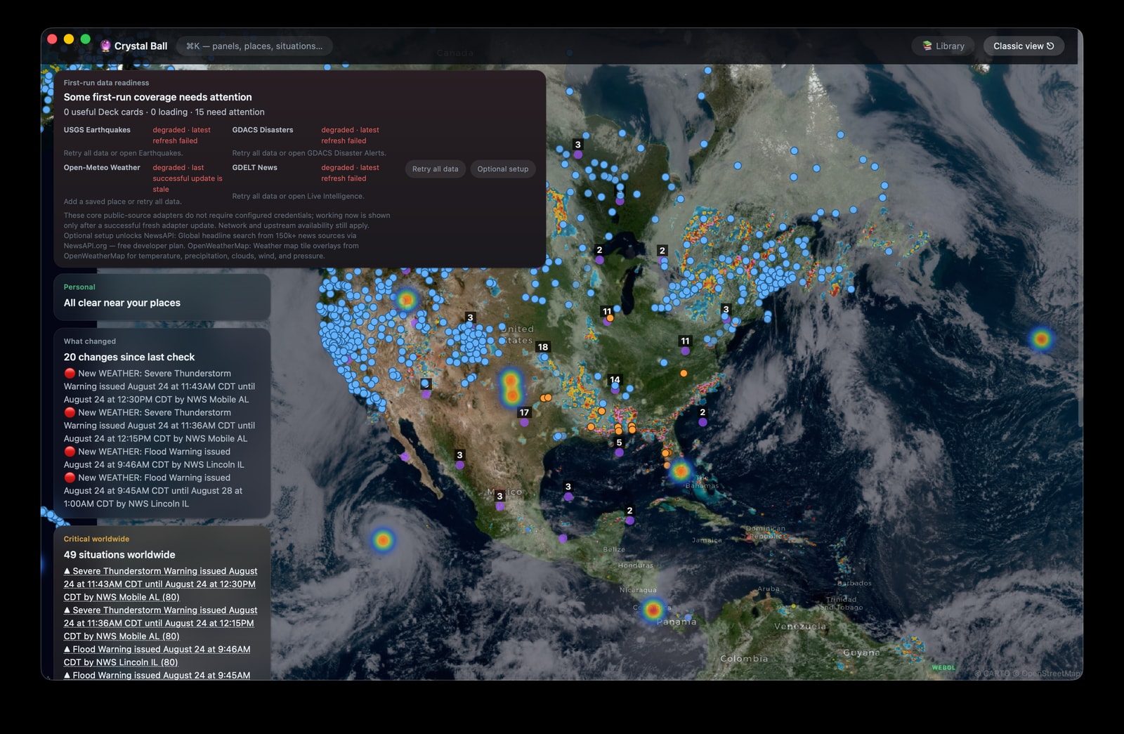 Installed Crystal Ball Home Shell showing the live map, first-run source readiness, and worldwide situation cards