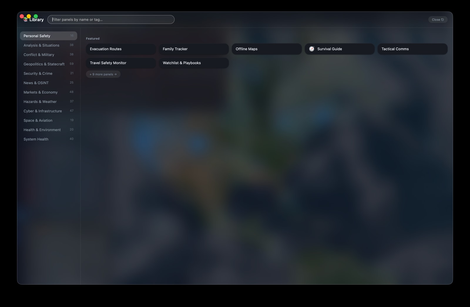 Installed Crystal Ball Personal Safety Library listing evacuation, offline-map, family, communications, and survival features