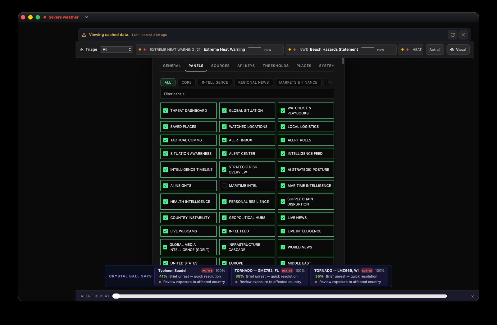 Live Crystal Ball Panels settings with mission filters and enabled intelligence, safety, infrastructure, and regional panels