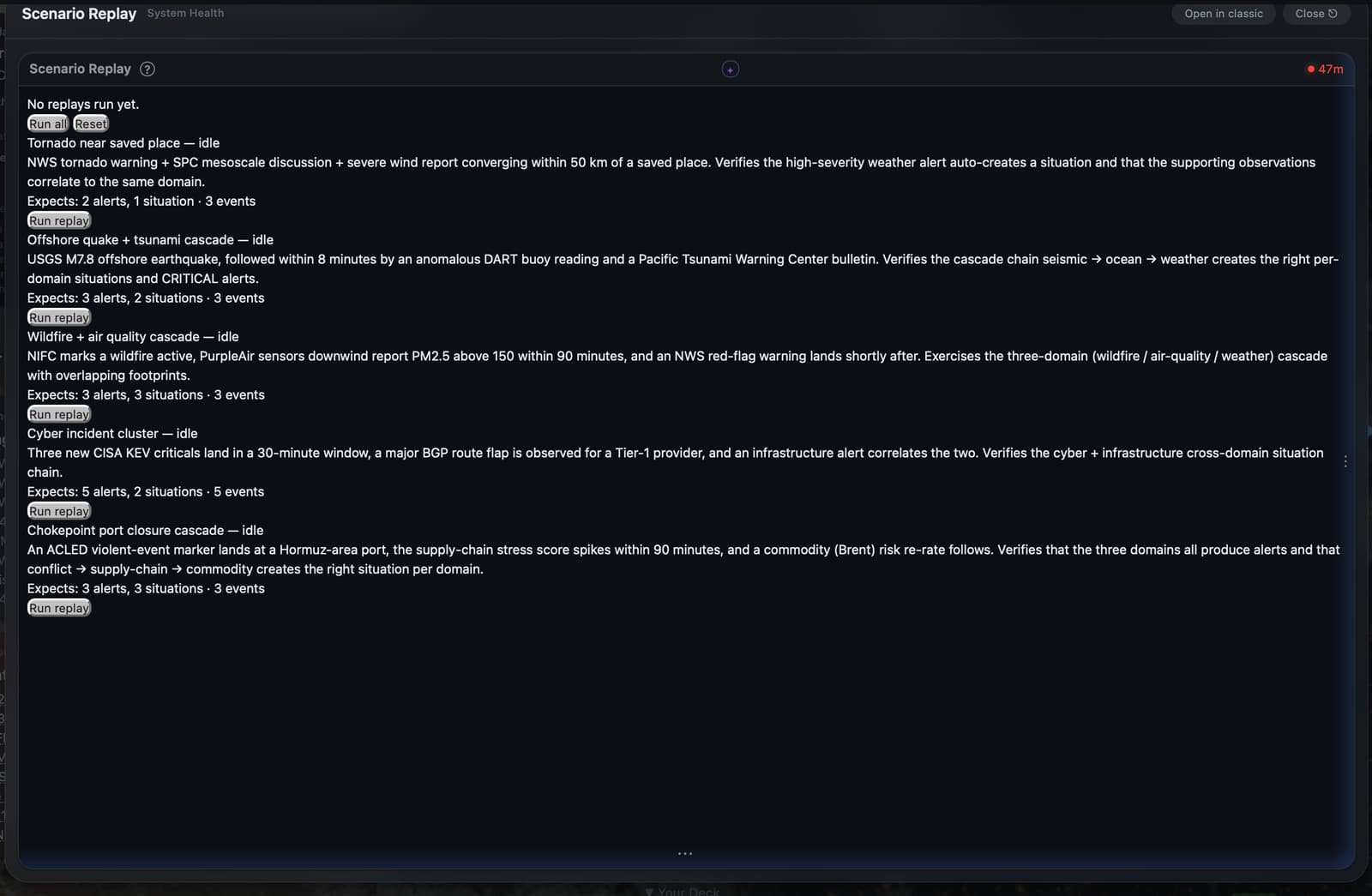Simulation chooser in the installed Crystal Ball Scenario Replay panel listing five deterministic fixtures before any replay runs