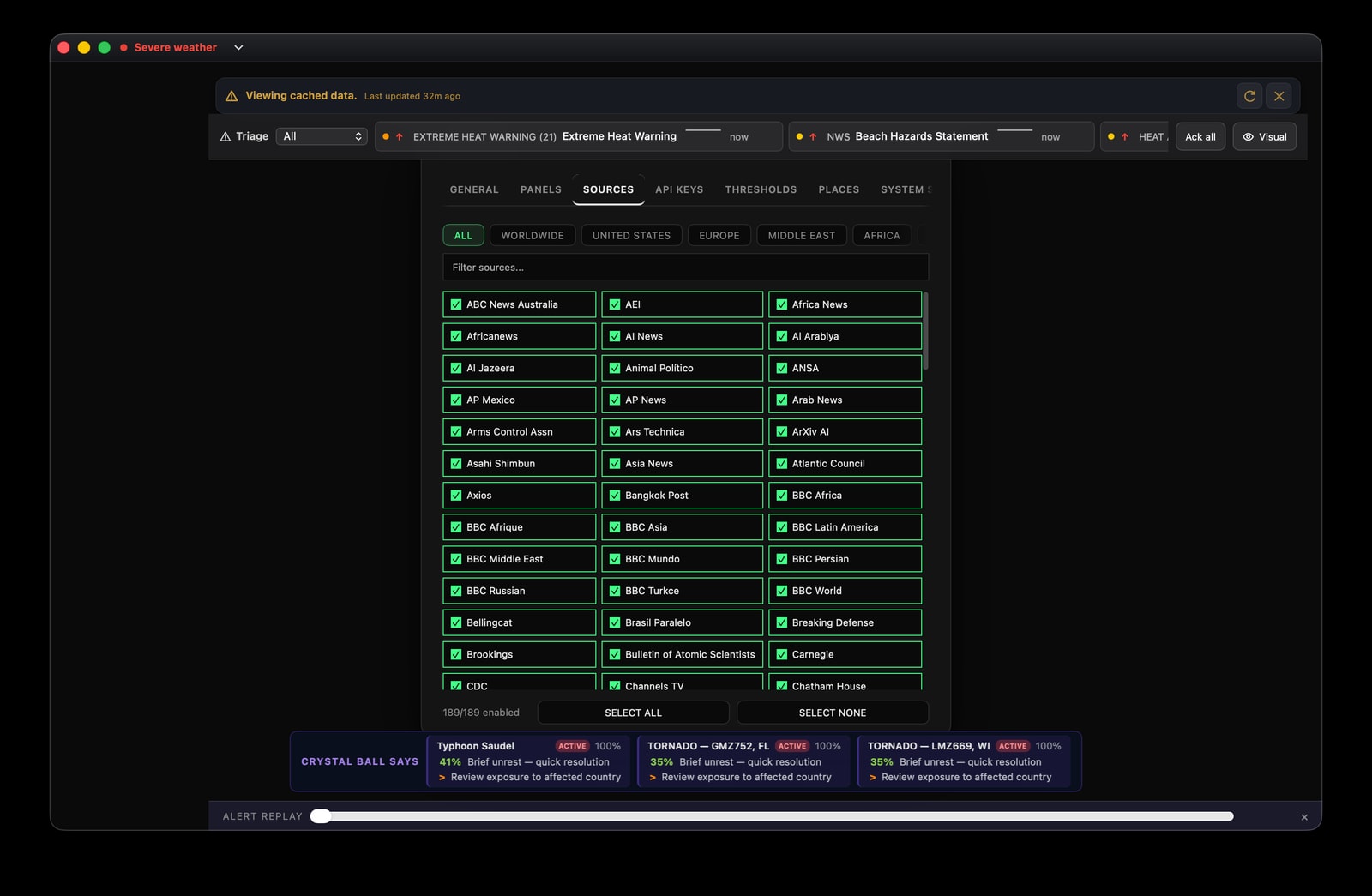 Live Crystal Ball Sources settings with geographic filters and enabled reporting, research, and open-source intelligence providers