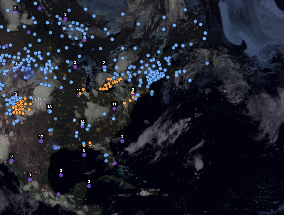 Detailed Crystal Ball satellite map showing clustered weather and situation signals across North America