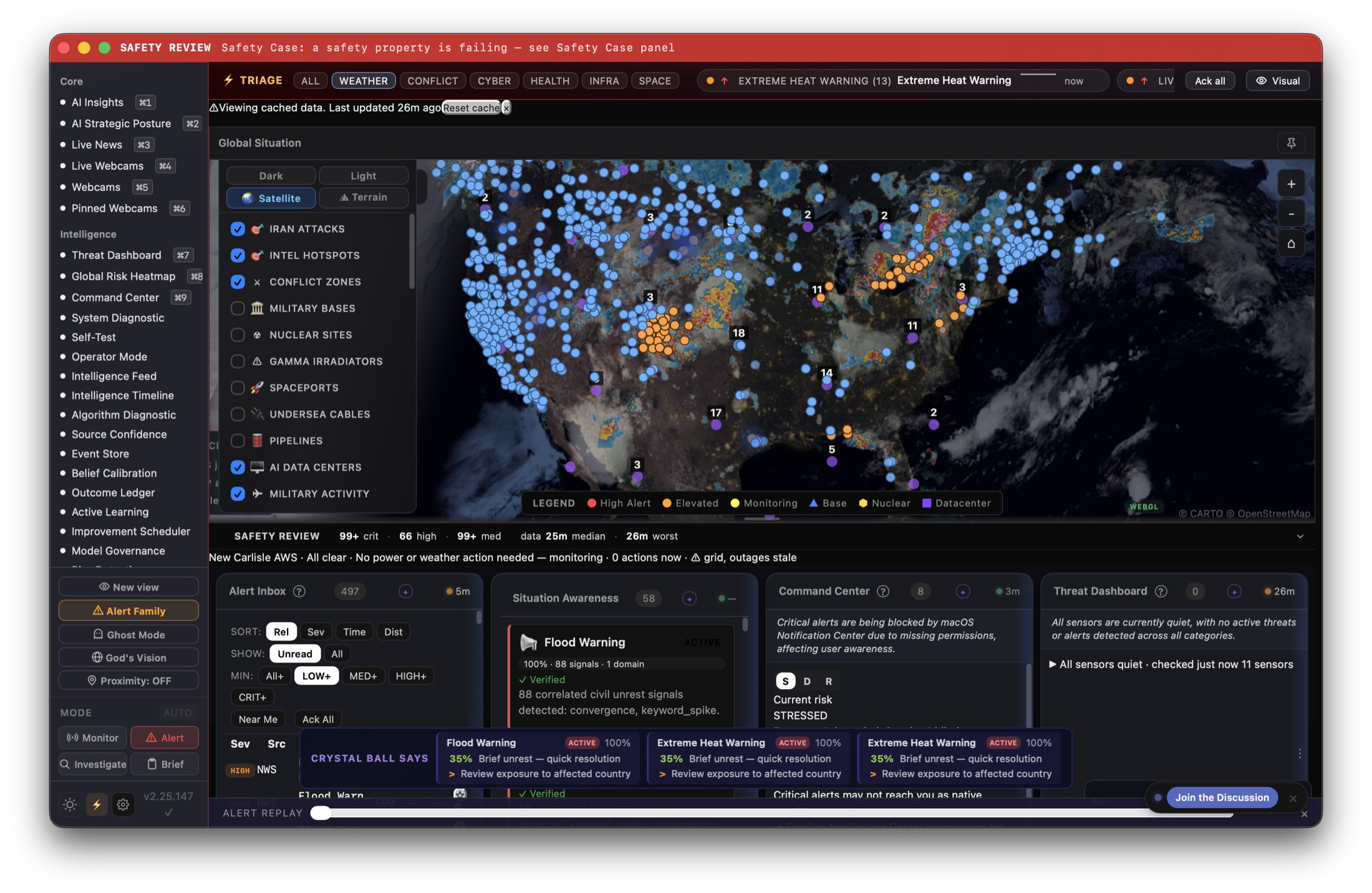Crystal Ball operational dashboard showing a global satellite map, live alert triage, panel navigation, and situation cards