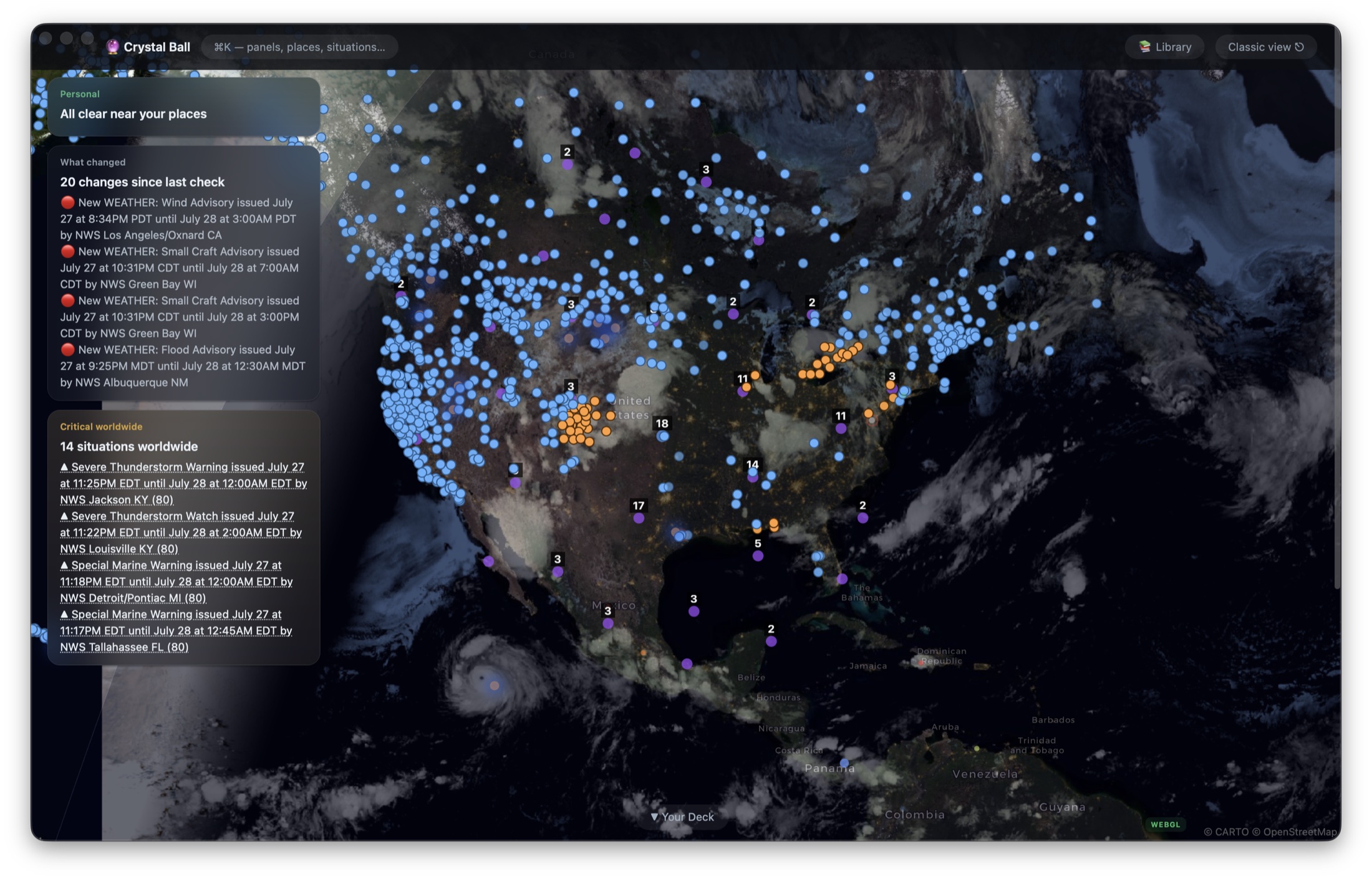 Crystal Ball running on macOS with a satellite weather map, live signal markers, personal status, and worldwide situation cards