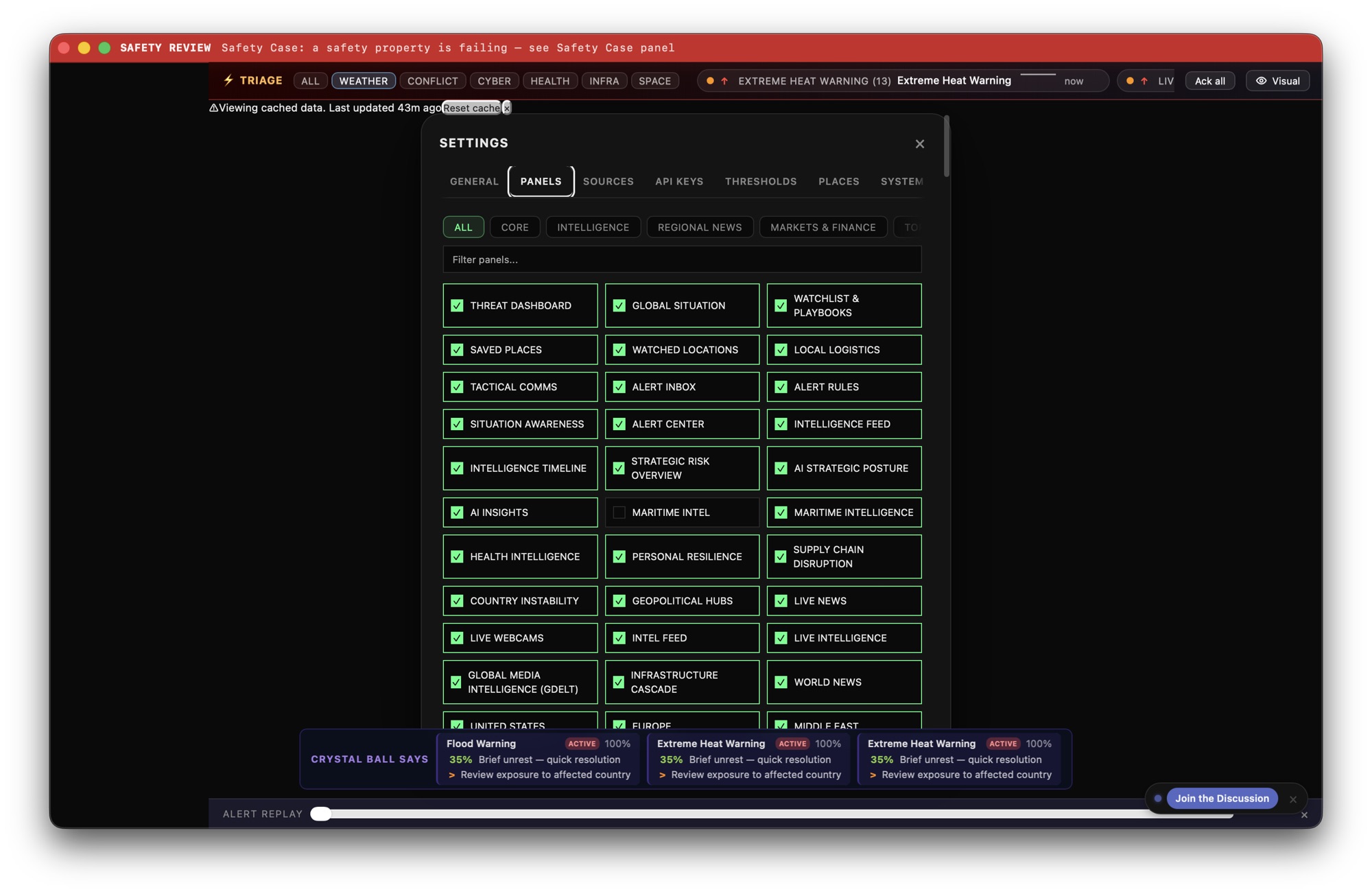 Crystal Ball Panels settings showing enabled intelligence, regional, safety, news, and infrastructure panels
