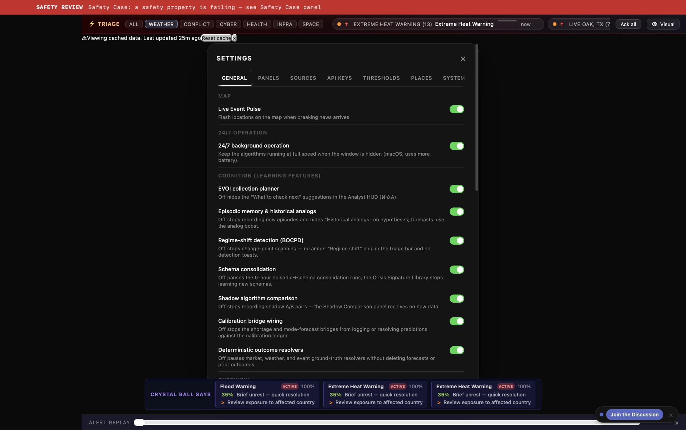 Crystal Ball Settings open to General with tabs for Panels, Sources, API Keys, Thresholds, Places, and System