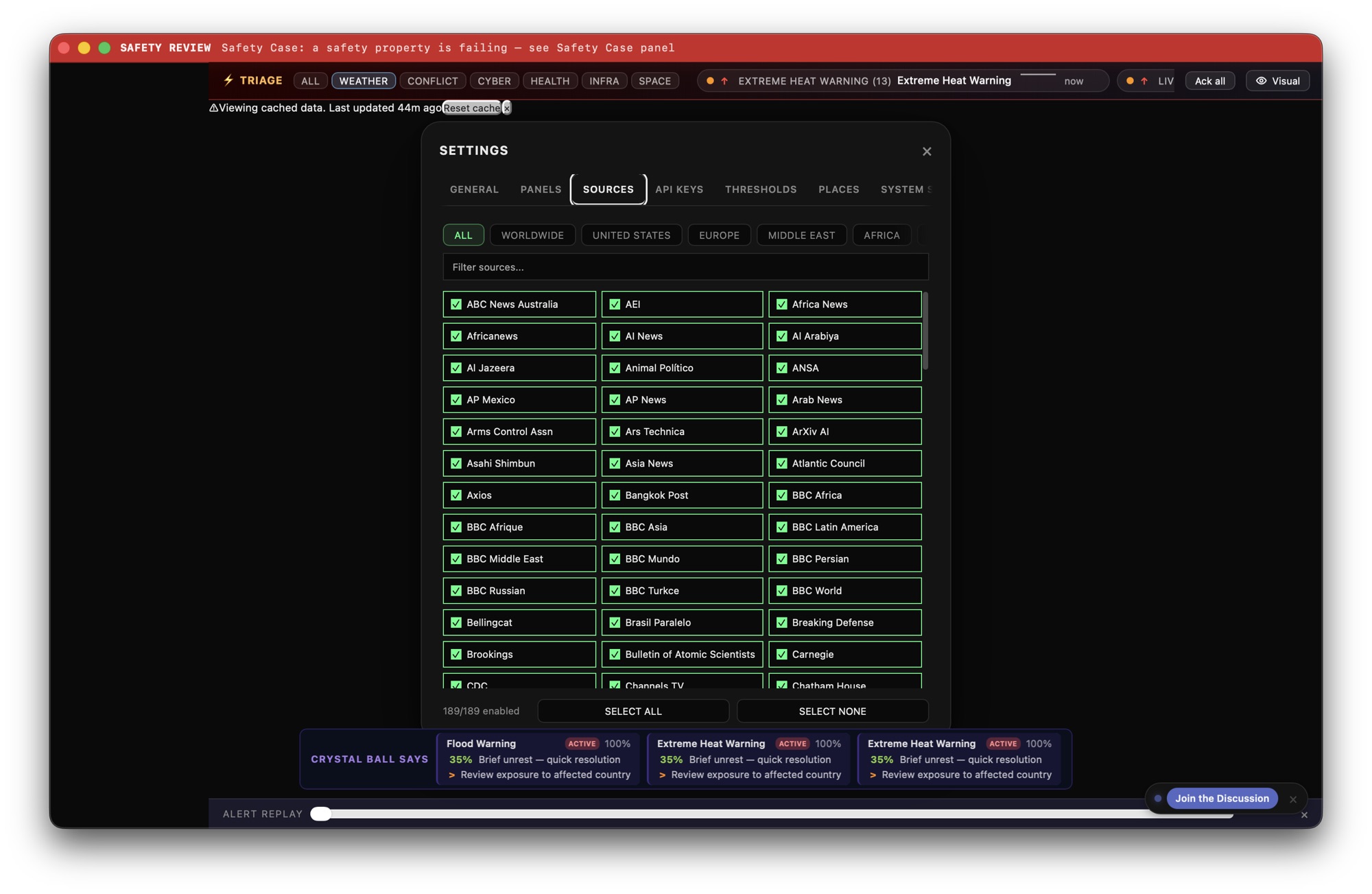 Crystal Ball Sources settings showing enabled worldwide reporting, research, and open-source intelligence sources